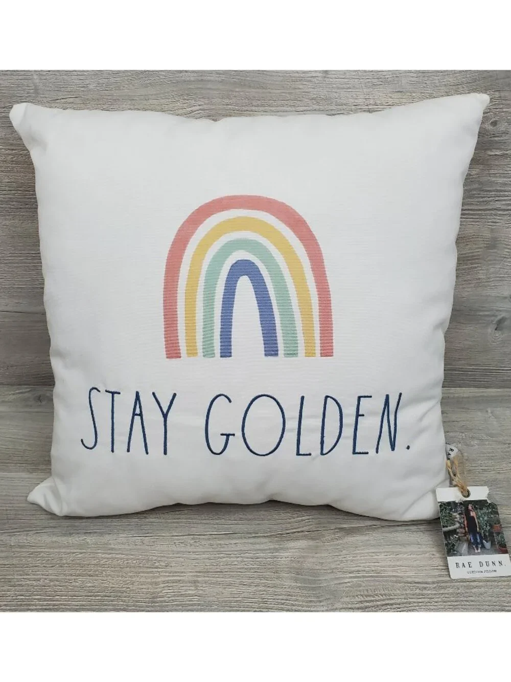 Rae Dunn Stay Golden rainbow boho square throw pillow